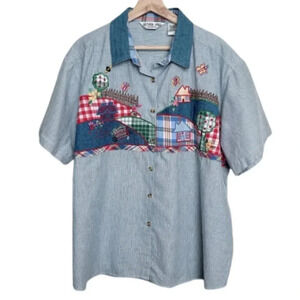 Victoria Jones  Woman 22W Short Sleeve Cotton Button Shirt Embroidery Cottage